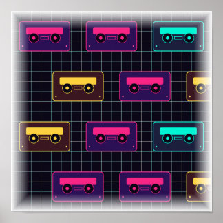 Neon Mixtape Mönster - Retro Kassettruck Print Poster