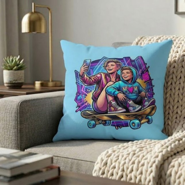 Neon Mom Son Skateboarding Art Theme Throw Pillow Kudde (Skapare uppladdad)