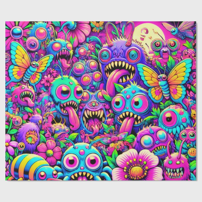 Neon Monster Party Wrapping Papper Presentpapper (Platt)