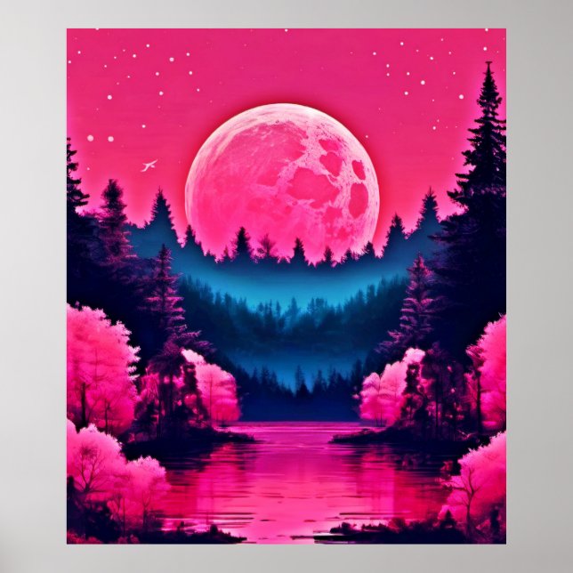 Neon Moonlit Fantasy Forest Sjö Poster (Framsidan)