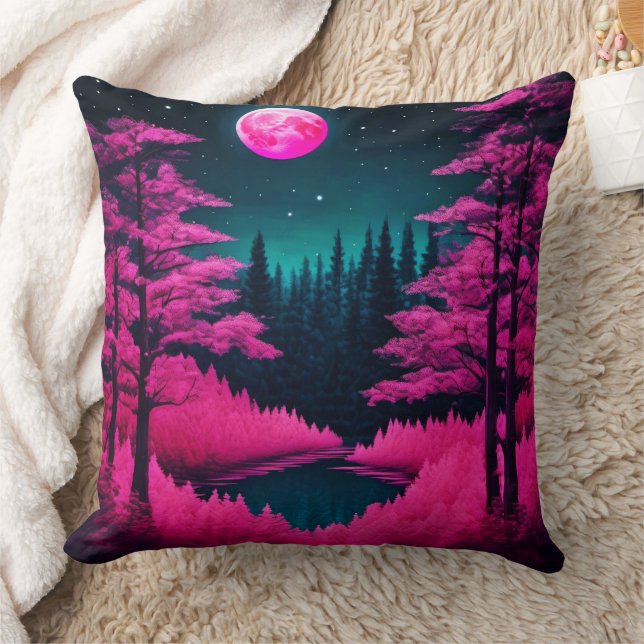 Neon Moonlit Forest Fantasy Art Kudde (Filt)