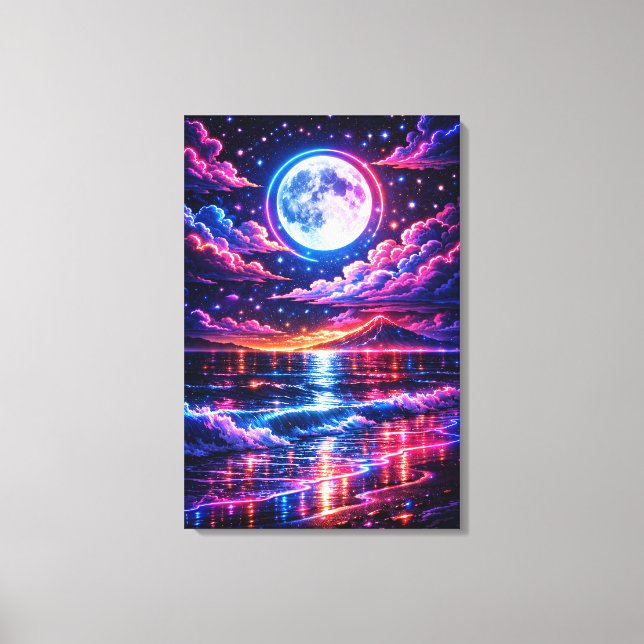 Neon Moonlit Ocean – Cosmic Night Seascape Art Canvastryck (Framsida)