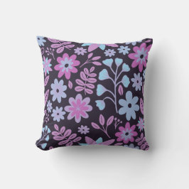 Neon Mörk Blommigt Blue och Lila blommor Kudde