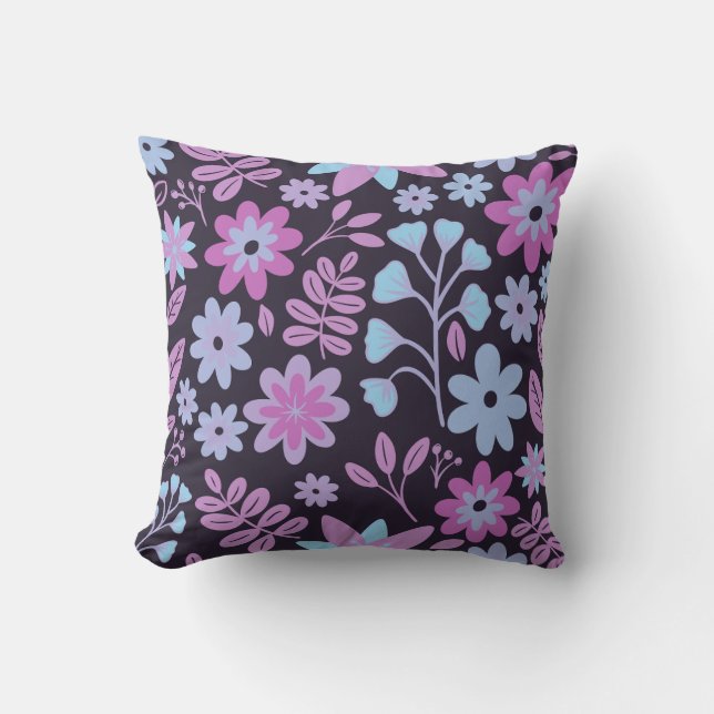 Neon Mörk Blommigt Blue och Lila blommor Kudde (Framsida)