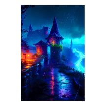 Neon Mörk Fantasy Slott Cyberpunk Flod