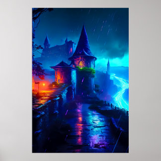Neon Mörk Fantasy Slott Cyberpunk Flod Poster