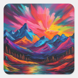 Neon Mountain Sunset Fyrkantigt Klistermärke