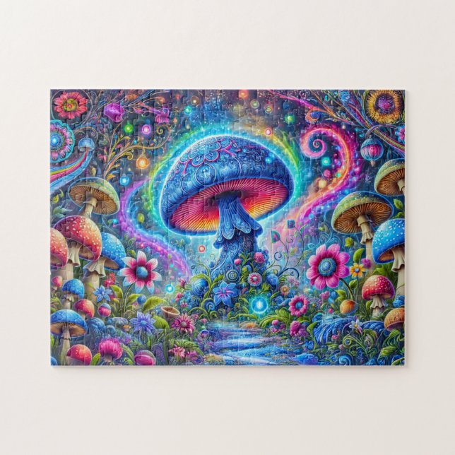 Neon Mushroom Glow Psychedelic Fantasy Forest Pussel (Horisontell)