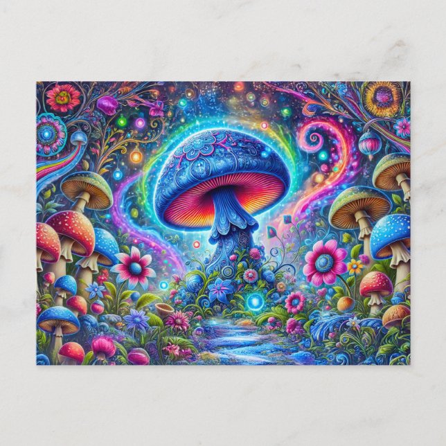Neon Mushroom Glow Psychedelic Fantasy Forest Vykort (Framsida)