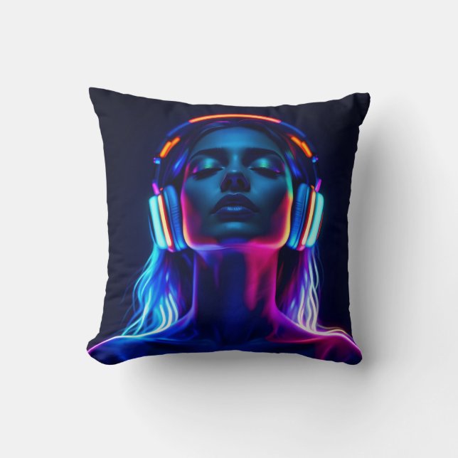 Neon Music Meditation – Woman with Headphones Art Kudde (Framsida)