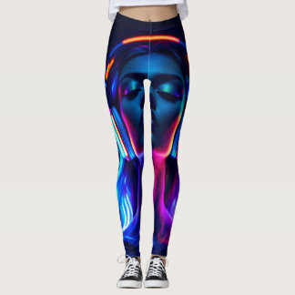 Neon Music Meditation – Woman with Headphones Art Leggings