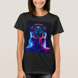 Neon Music Meditation – Woman with Headphones Art T Shirt