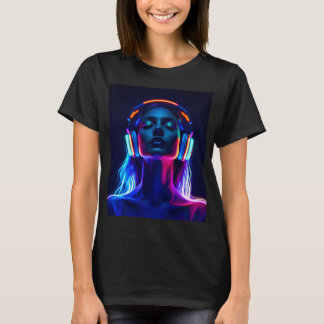 Neon Music Meditation – Woman with Headphones Art T Shirt