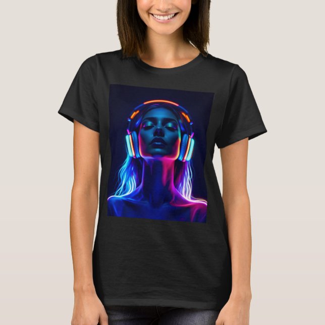 Neon Music Meditation – Woman with Headphones Art T Shirt (Framsida)