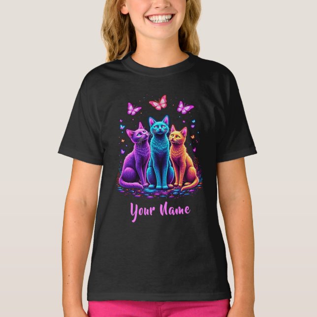 Neon Mystic Cats – Custom Name Psychedelic T-Shirt (Framsida)