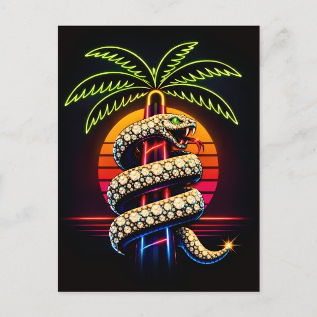 Neon Nätter Miami Svart Orm Illustration Vykort (Framsida)