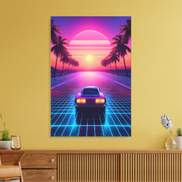 Neon Nattkörning: Retro 80-tals Synthwave Solnedgå Canvastryck