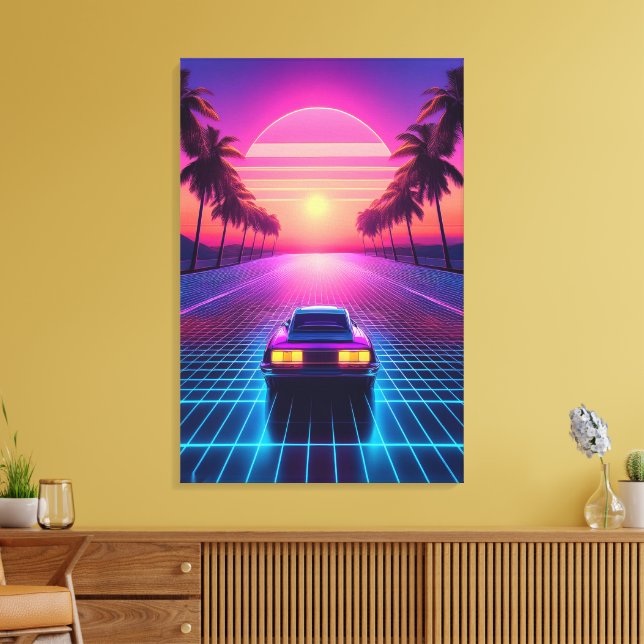 Neon Nattkörning: Retro 80-tals Synthwave Solnedgå Canvastryck (Insitu (Vardagsrum))