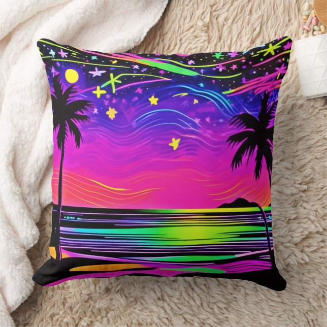 Neon Night Beachscape Kudde (Filt)