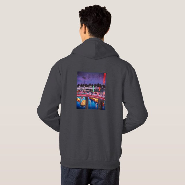 Neon Night Edo: Cyberpunk Nihonbashi & Mount Fuji Hoodie (Hel baksida)