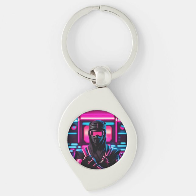 neon ninja swirl silverfärgad nyckelring (Framsidan)