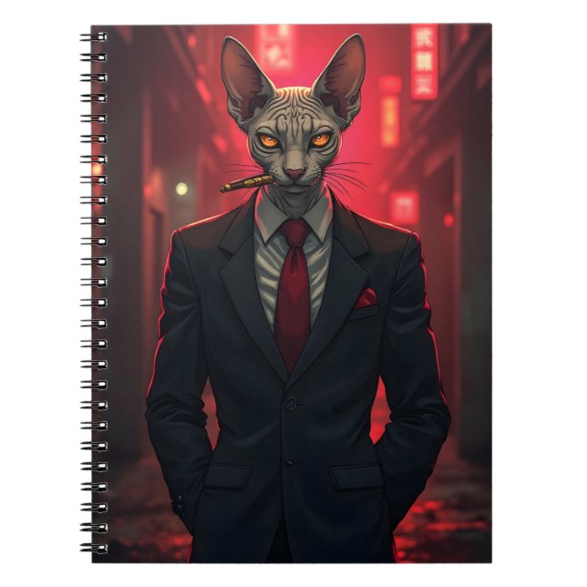 Neon Noir Sphynx Katt i Maffia Stil Anteckningsbok (Framsidan)