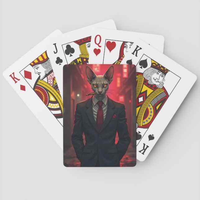 Neon Noir Sphynx Katt i Maffia Stil Casinokort (Baksidan)