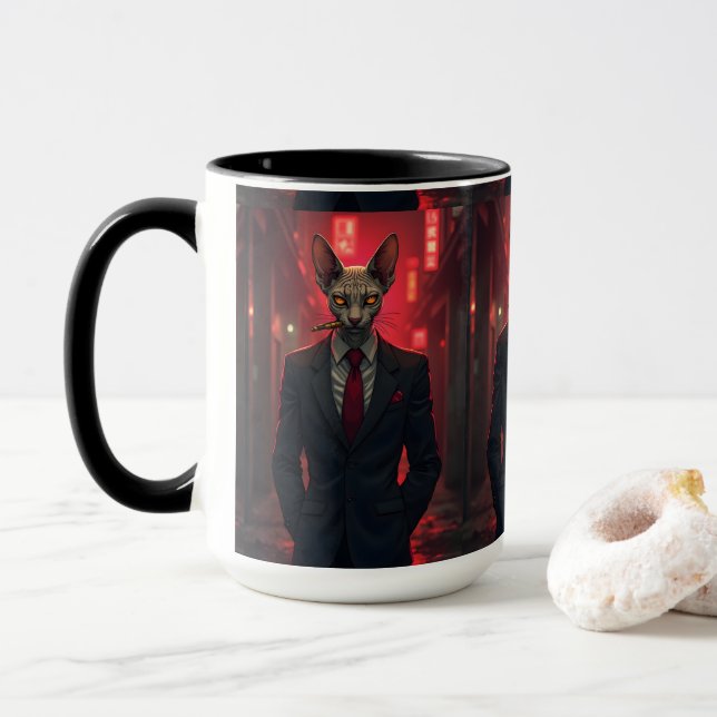 Neon Noir Sphynx Katt i Maffia Stil Mugg (Med munk)