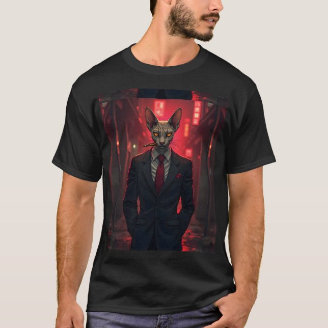 Neon Noir Sphynx Katt i Maffia Stil T Shirt (Framsida)