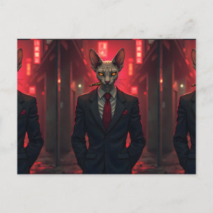 Neon Noir Sphynx Katt i Maffia Stil Vykort