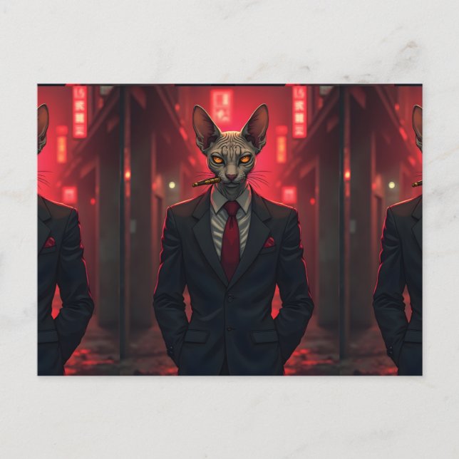 Neon Noir Sphynx Katt i Maffia Stil Vykort (Framsida)