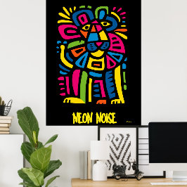 Neon Noise Lejon - Abstrakt Geometric Tribal Art Poster
