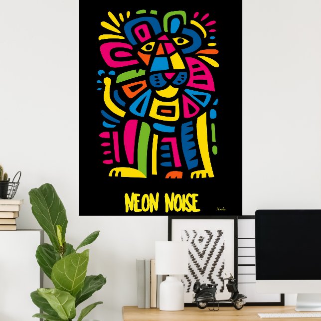 Neon Noise Lejon - Abstrakt Geometric Tribal Art Poster (Hemmakontoret)