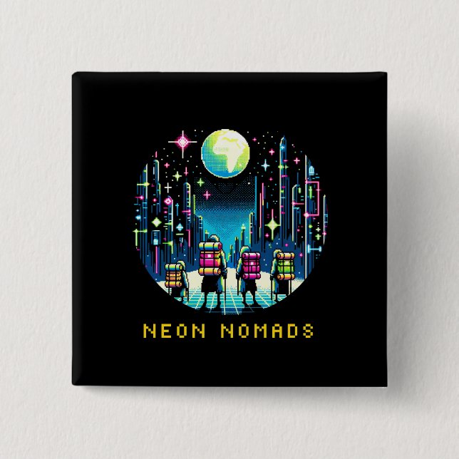 Neon Nomads - Cyberpunk Pixel Art Travel Design Knapp (Framsida)