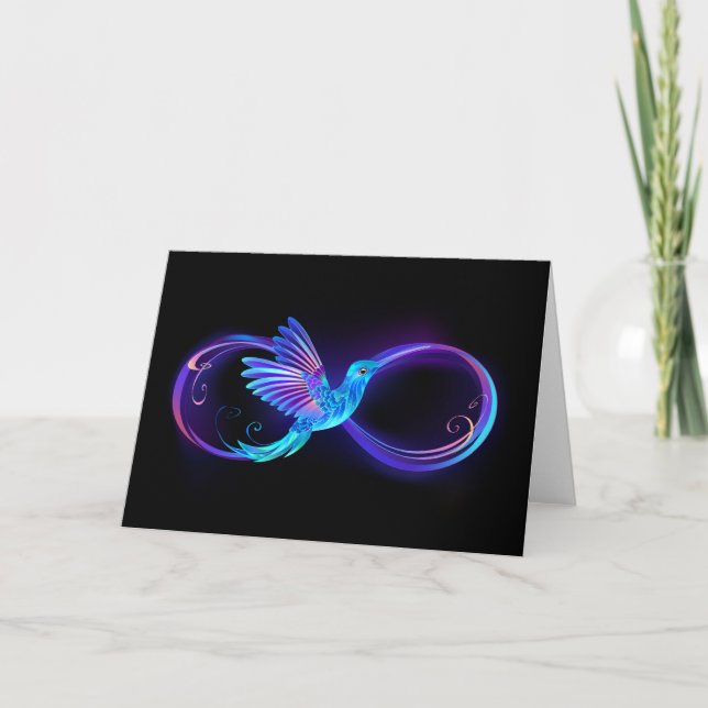 Neon Oändlighetssymbol med Glödande Kolibri Kort (Framsida)