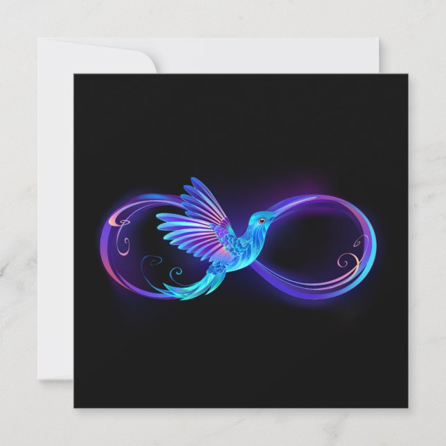 Neon Oändlighetssymbol med Glödande Kolibri Kort (Framsida)