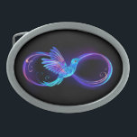 Neon Ofinity Symbol med glowing Hummingbird<br><div class="desc">Symbol för oändlighet vid lila med flygande,  ljusstark,  blå hummingbird på svart bakgrund. Neon.</div>