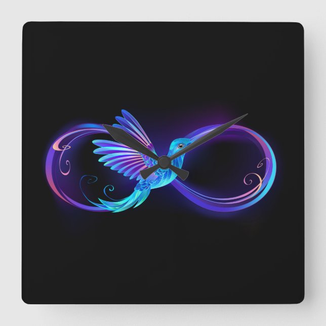 Neon Ofinity Symbol med glowing Hummingbird Fyrkantig Klocka (Framsida)