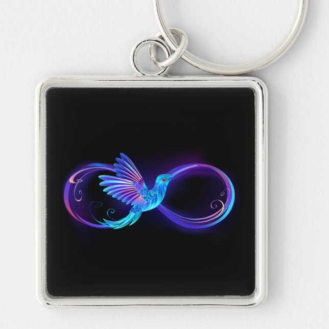 Neon Ofinity Symbol med glowing Hummingbird Fyrkantig Silverfärgad Nyckelring (Framsidan)