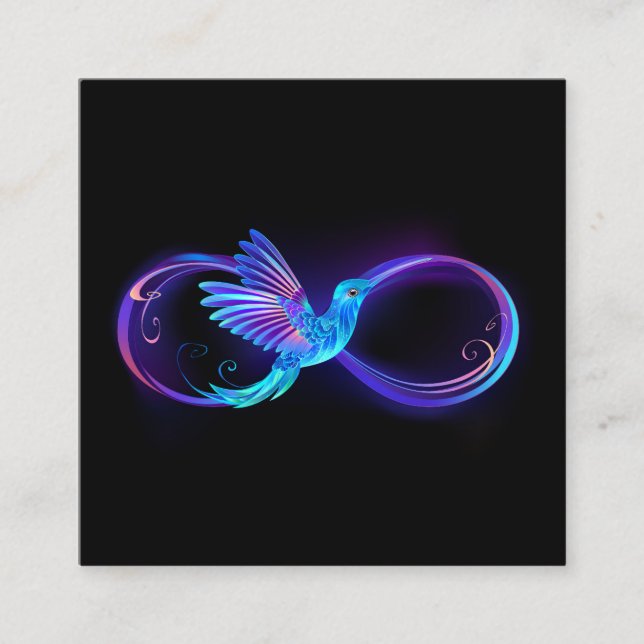 Neon Ofinity Symbol med glowing Hummingbird Fyrkantigt Visitkort (Framsida)