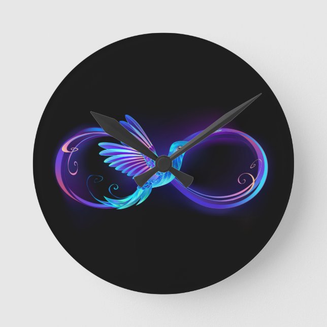 Neon Ofinity Symbol med glowing Hummingbird Rund Klocka (Framsida)