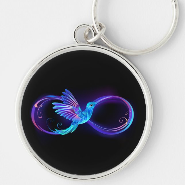 Neon Ofinity Symbol med glowing Hummingbird Rund Silverfärgad Nyckelring (Framsidan)