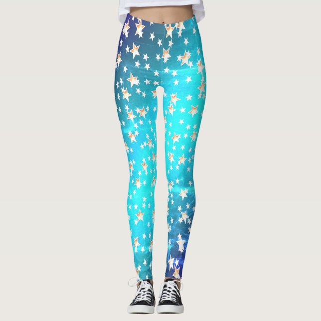 Neon Ombre Blue Patriotic Guld Stars Leggings (Framsida)