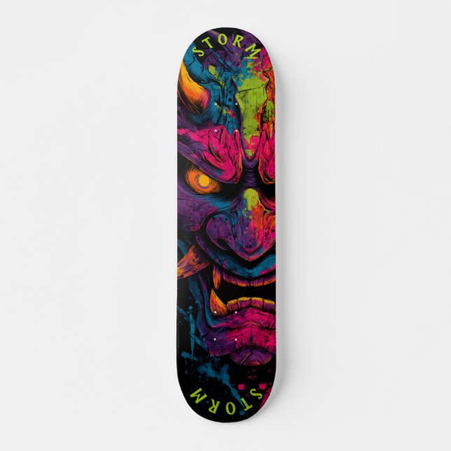 Neon Oni Mask - Begränsad Edition Graffiti Street Mini Skateboard Bräda 18,5 Cm (Framsida)