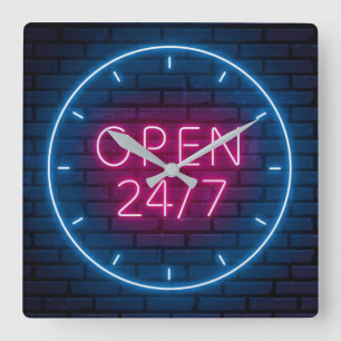 Neon Open Sign Square Wall Clock Fyrkantig Klocka