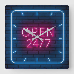 Neon Open Sign Square Wall Clock Fyrkantig Klocka