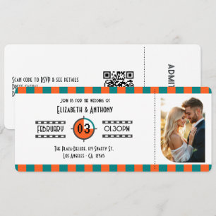 Neon Orange, Teal & Vit Biografbiljett Bröllop Inbjudningar