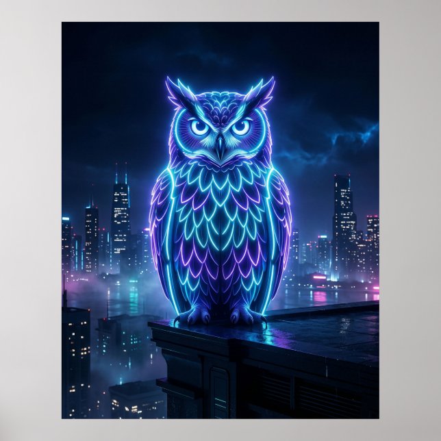Neon Owl Midnight Skyline Poster (Framsidan)