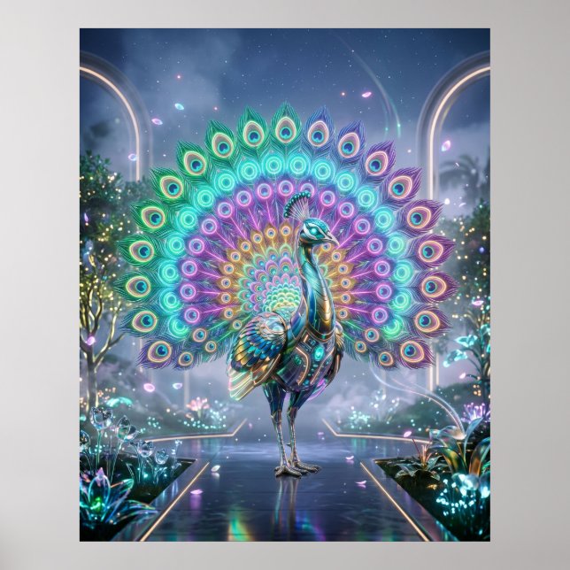Neon Påfågel Hologramträdgård Poster (Framsidan)