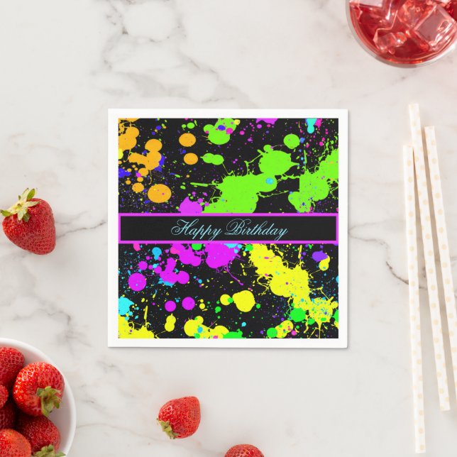 Neon Paint Rosa Grönt Lila Gult Grattis på födelse Pappersservett (Insitu)